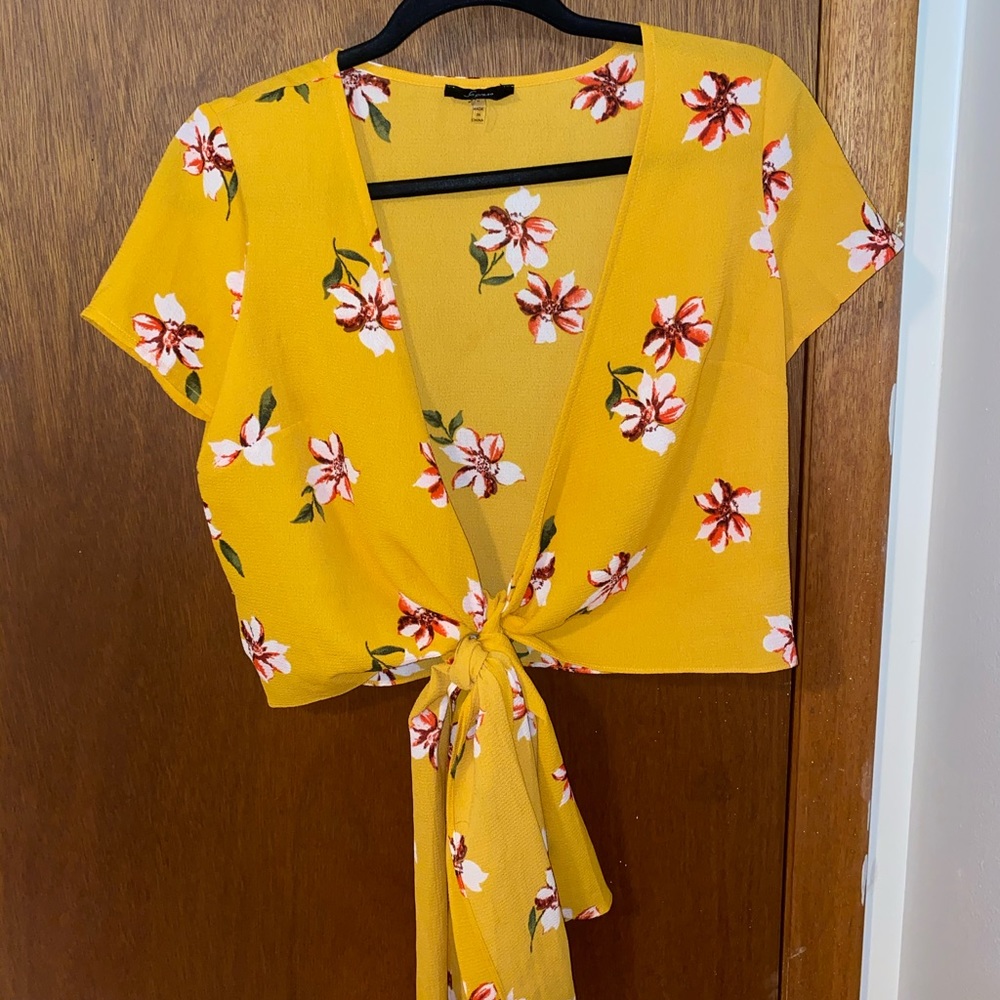 Cropped yellow floral tie top